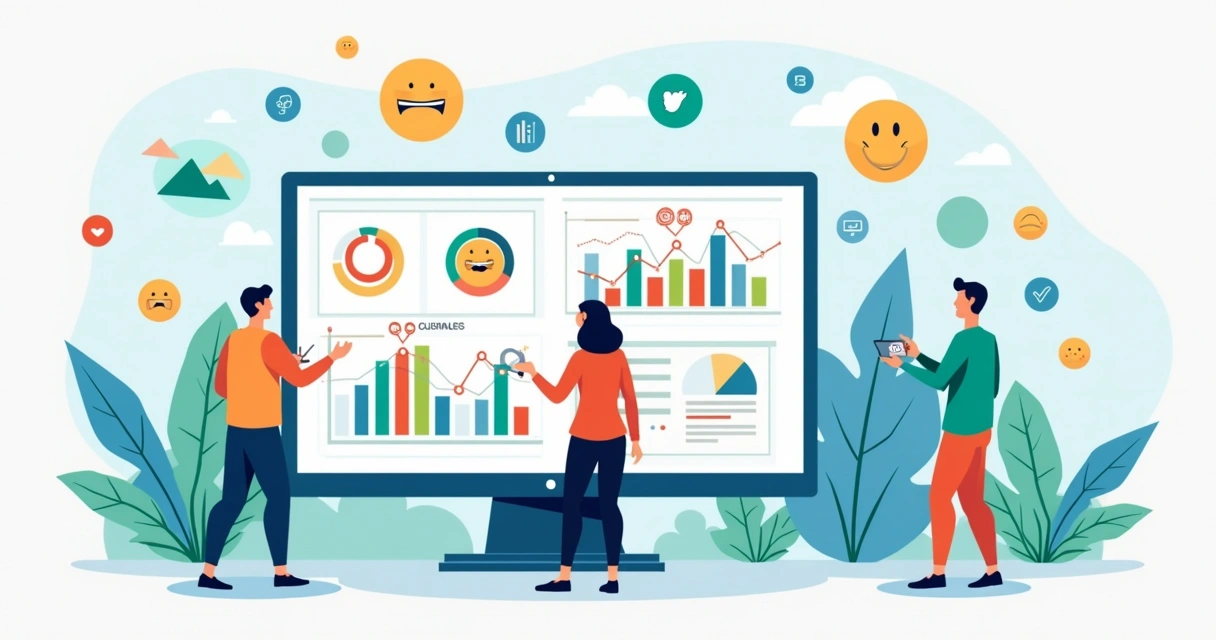 Gráfico de sentimento, emojis felizes e tristes, e menções em redes sociais 