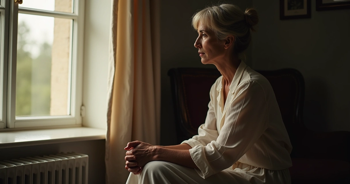 Pessoa com expressão séria olhando pela janela com luz suave 