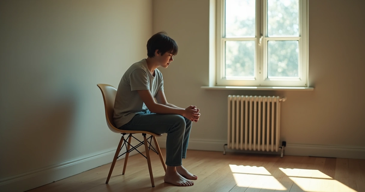 Pessoa sentada em uma cadeira olhando para baixo, com semblante pensativo