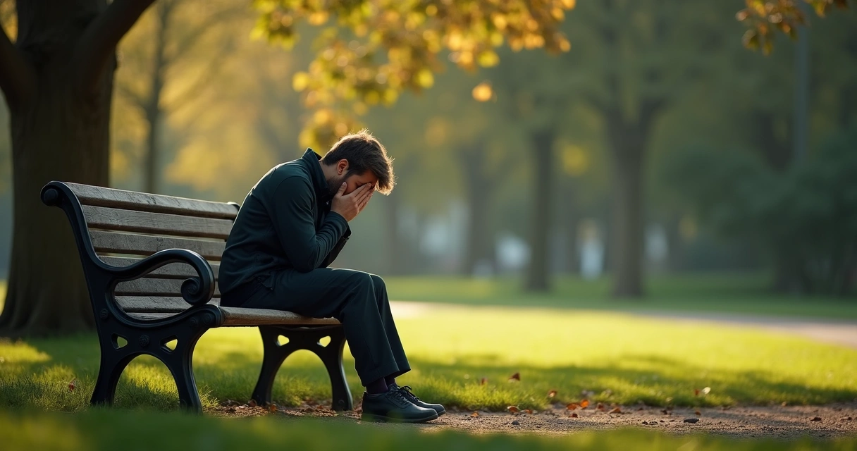 Pessoa sentada sozinha com expressão de tristeza, luz suave 