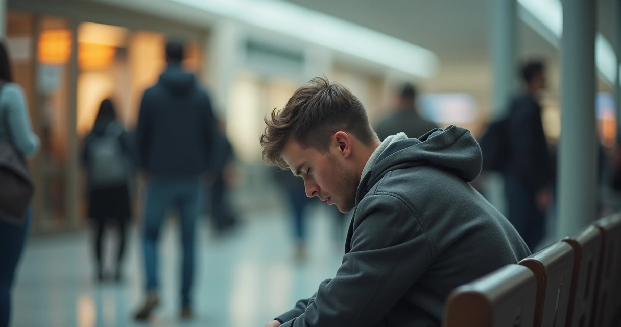 Pessoa olhando para baixo com expressão envergonhada, em ambiente público 