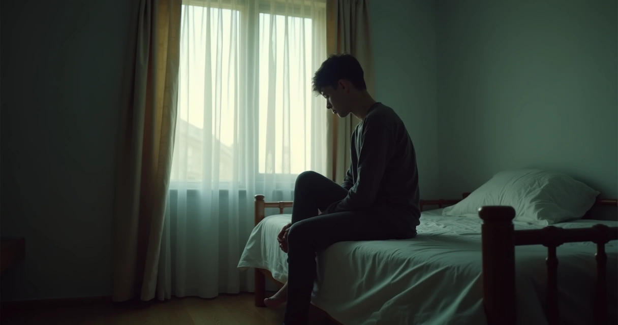Pessoa sentada na beira da cama olhando para baixo, com feixes de luz entrando pela janela