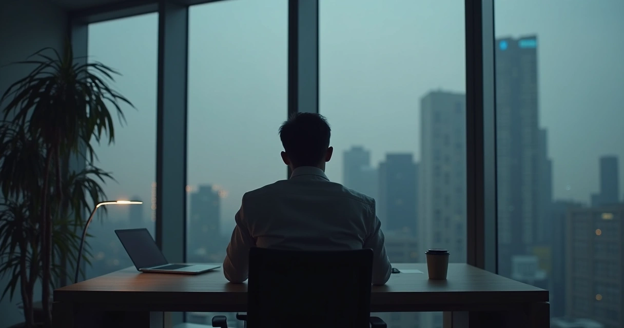 Pessoa sentada em mesa de escritório olhando pensativa para o horizonte 