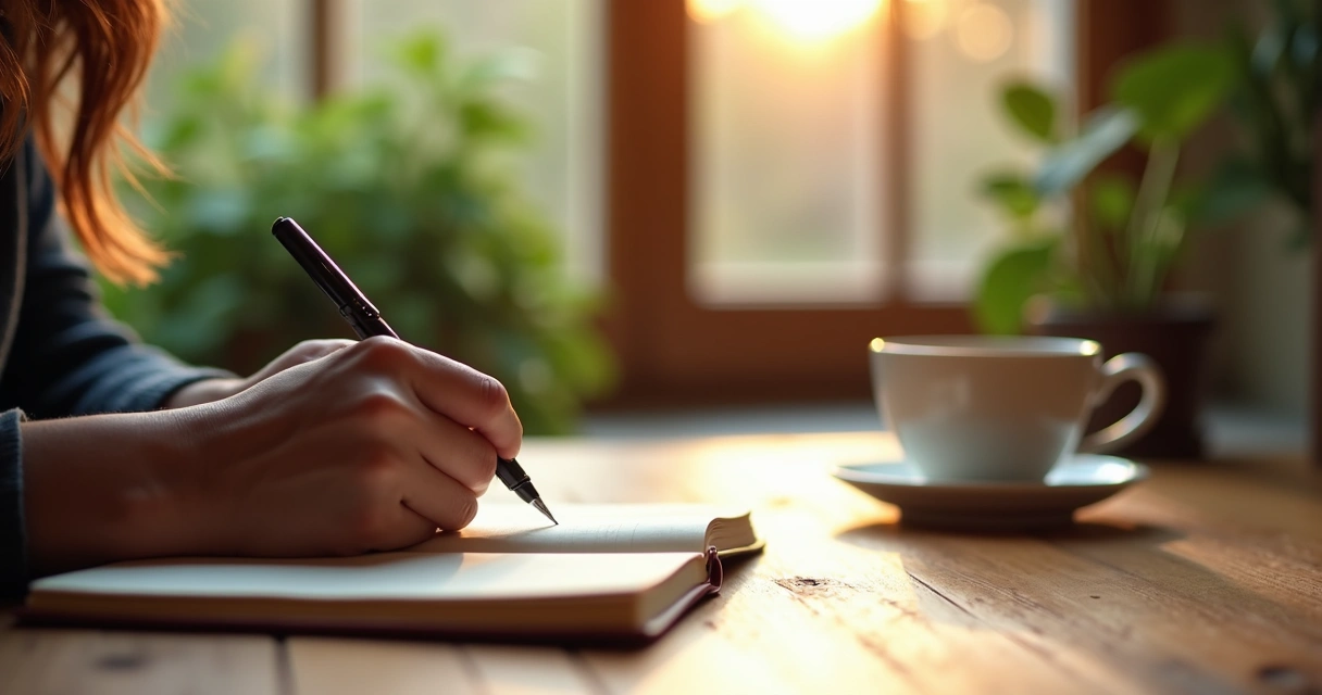Pessoa escrevendo reflexões em diário com cenários de aconchego 