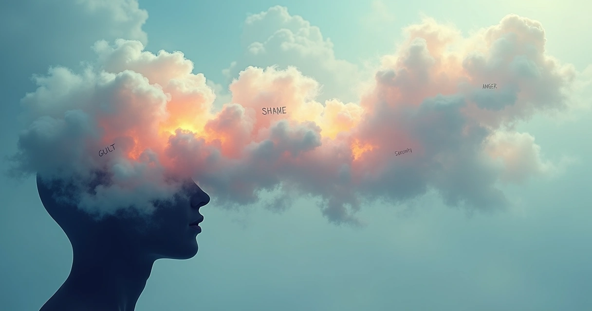 Ilustração de cabeça humana com nuvem de sentimentos internos 