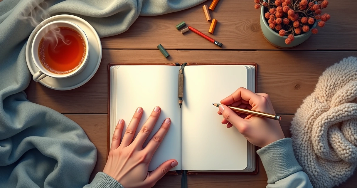 Pessoa escrevendo em caderno aberto próximo a lápis e xícara de chá. 