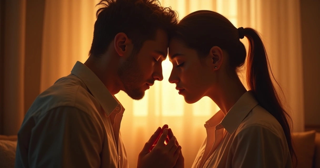 Duas pessoas sentadas frente a frente, olhos fechados, com expressões de empatia e compreensão, conectadas por linhas suaves entre seus corações em um ambiente aconchegante