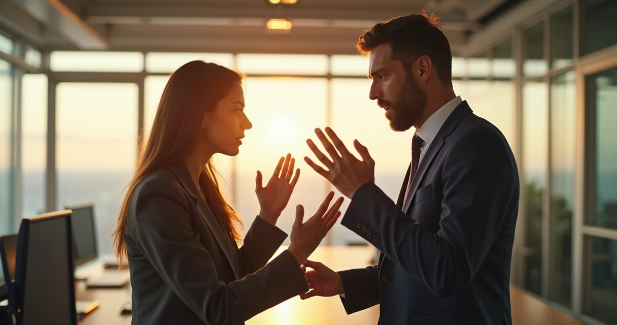 Discussão intensa entre duas pessoas em um ambiente de trabalho