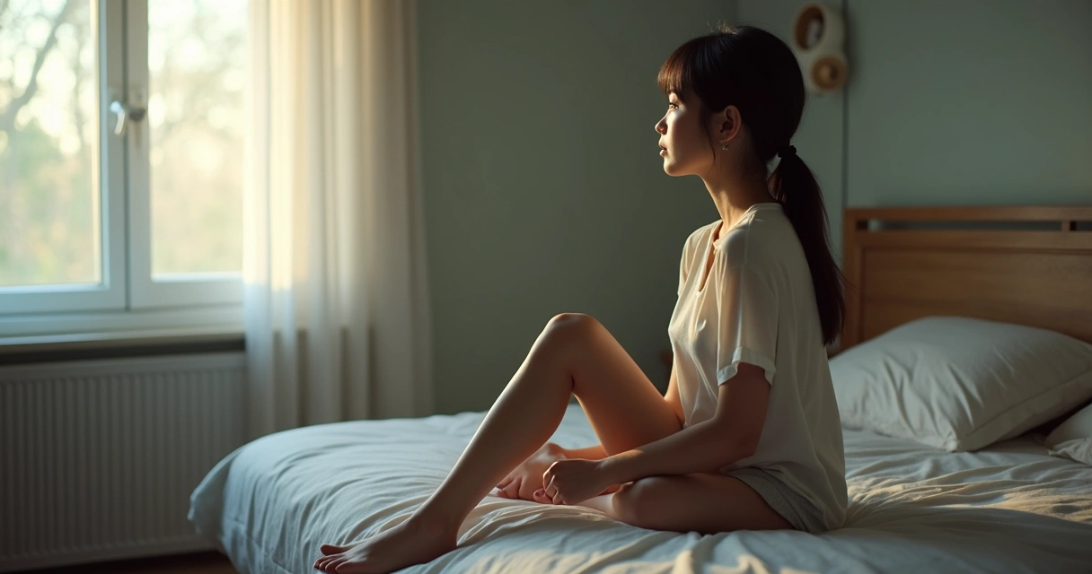 Pessoa sentada em cama de quarto com expressão pensativa, luz suave entrando pela janela 