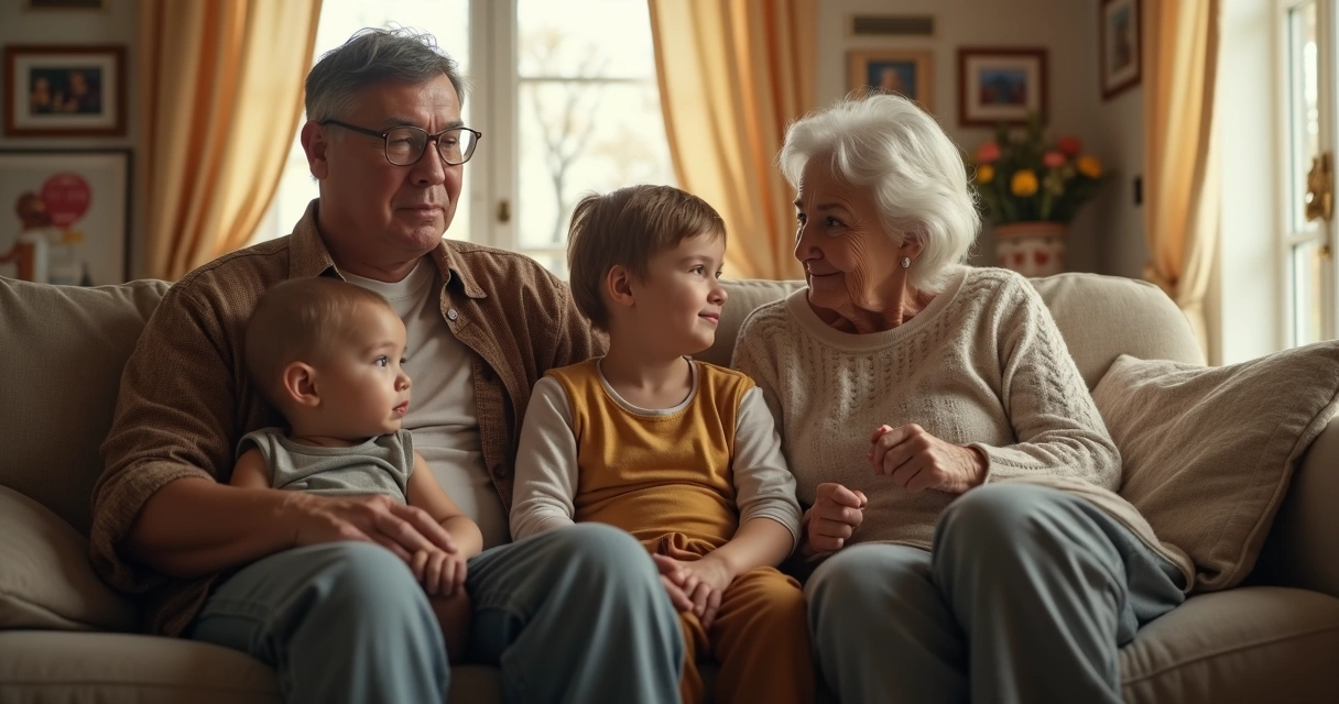 Três gerações de uma família sentadas lado a lado, cada uma mostrando diferentes expressões emocionais
