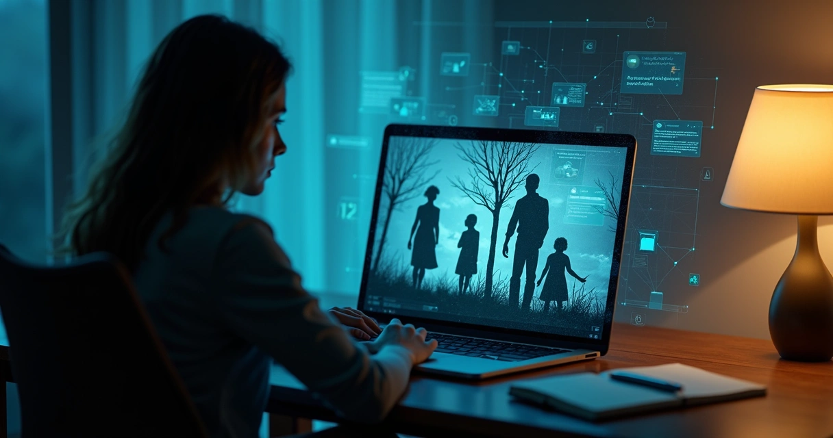 Adulto sentado à noite em frente ao notebook com figuras ancestrais desfocadas na tela 