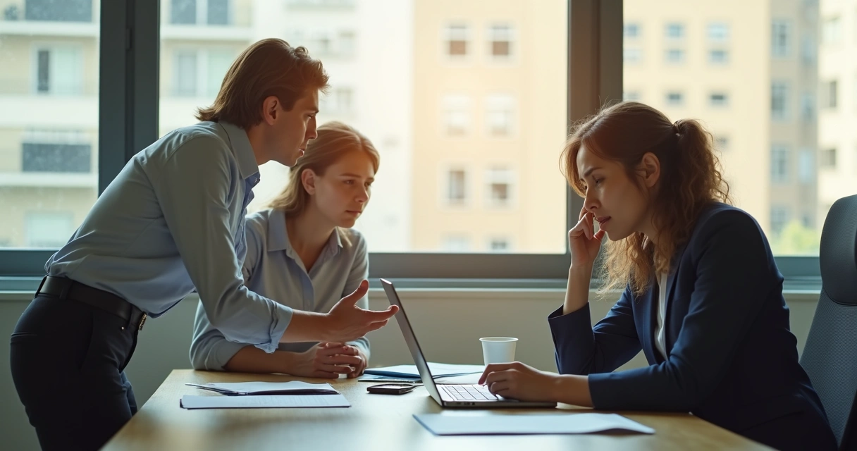 Ambiente de escritório onde uma pessoa parece triste e dois colegas oferecem apoio. 