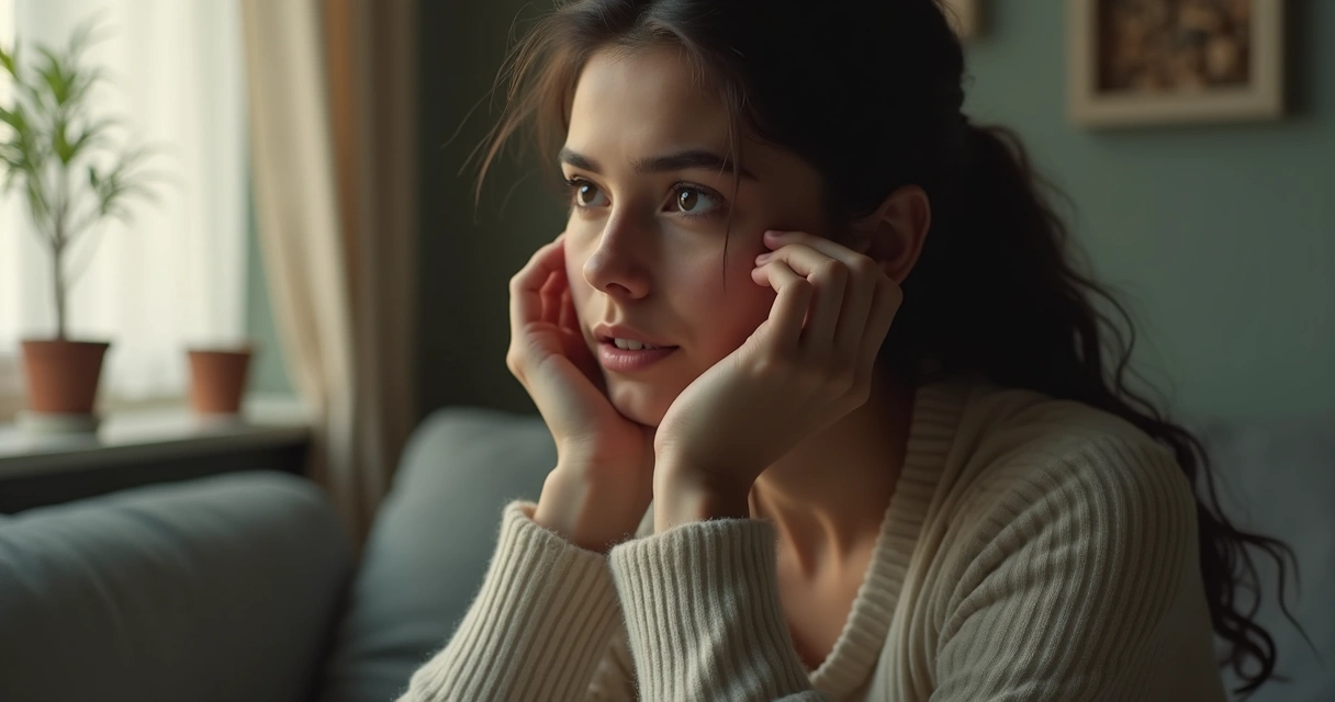 Pessoa refletindo sentada com expressão calma, ambiente sutilmente iluminado. 