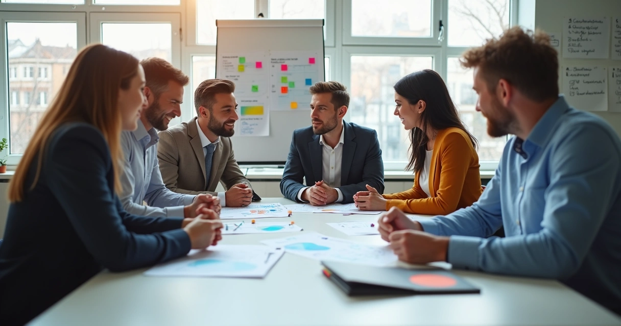 Equipe reunida ao redor de mesa discutindo sentimentos relacionados ao trabalho 