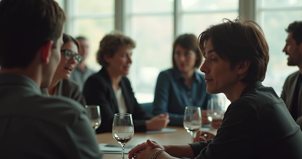 Pessoa sentada afastada de um grupo social, olhando para baixo em reflexão 