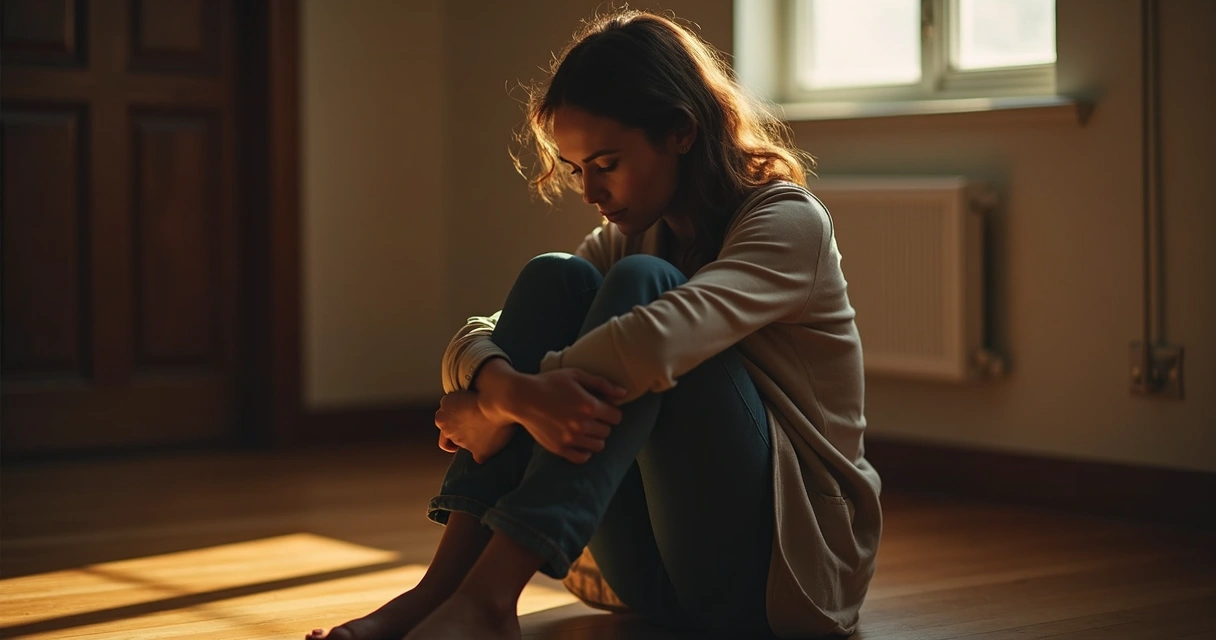 Persona sentada con expresión reflexiva y luces cálidas a su alrededor 