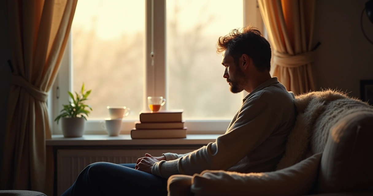 Pessoa adulta olhando para uma janela, expressão de introspecção, luz suave na sala