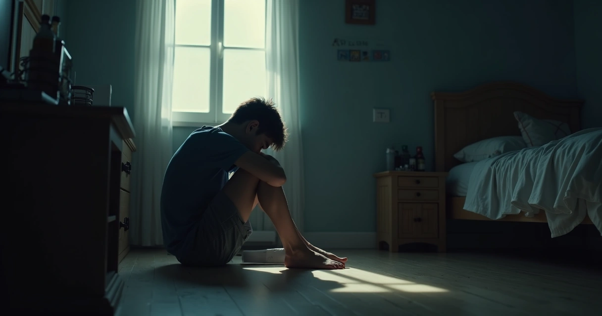 Pessoa sentada em quarto escuro olhando para o chão 