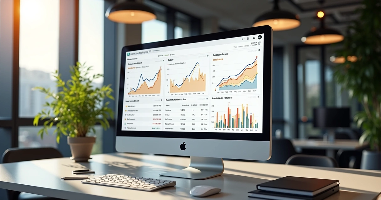 SEO analytics dashboard on computer screen in office 