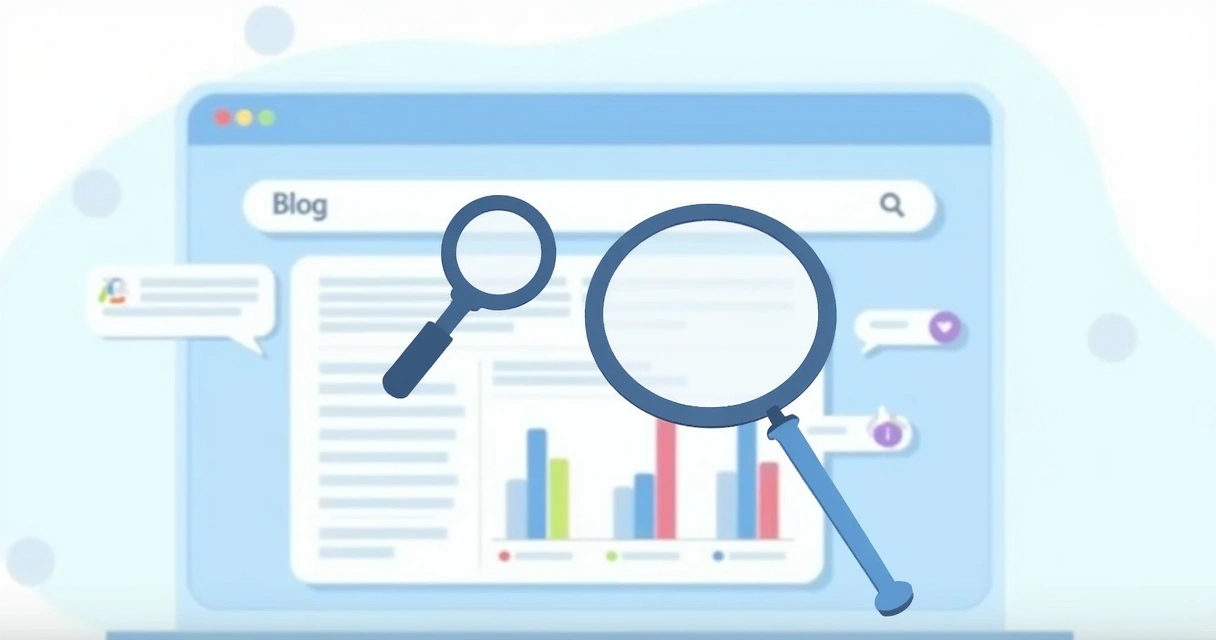 Ilustração mostrando uma lupa sobre um blog com gráficos de busca 