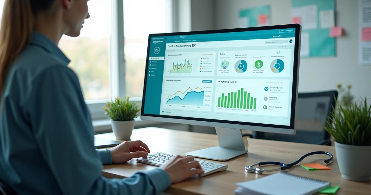 Profissional de marketing em clínica analisando painel de SEO automatizado em tela widescreen 