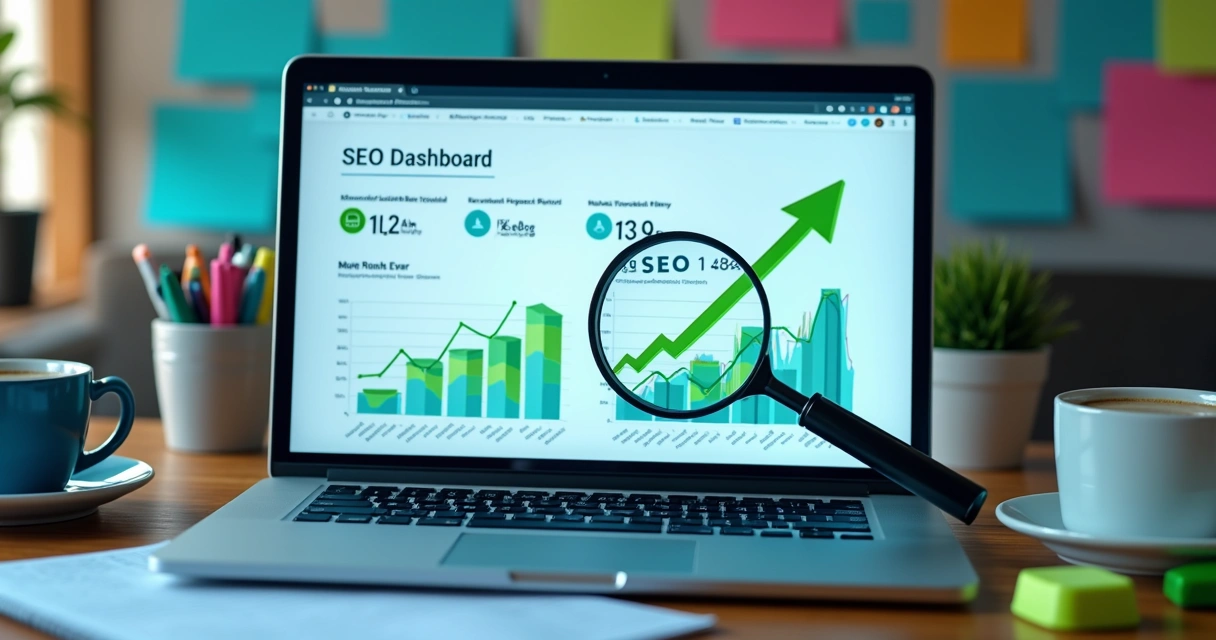 Gráfico colorido mostrando crescimento orgânico de blog e painel de SEO 