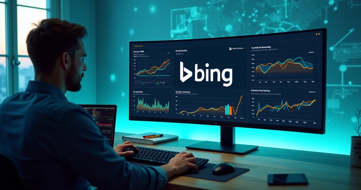 Profissional analisa painel digital com logotipos do Bing e gráficos de tráfego em alta 