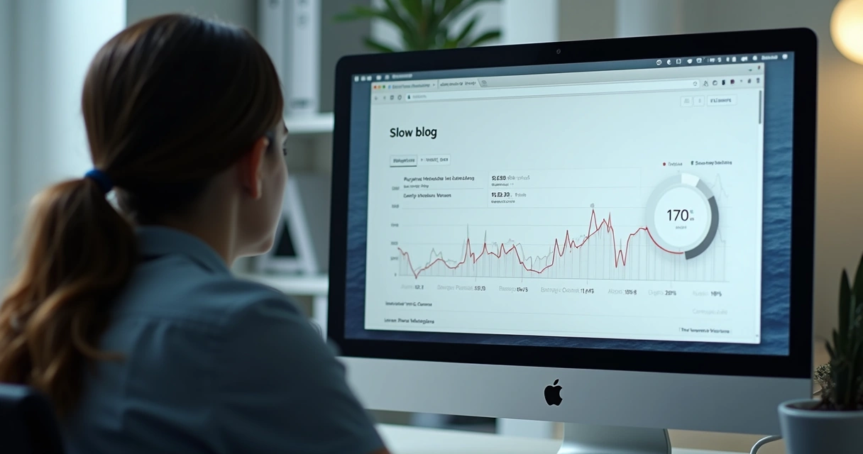 Tela de computador mostrando site lento carregando e gráficos de SEO ao lado 