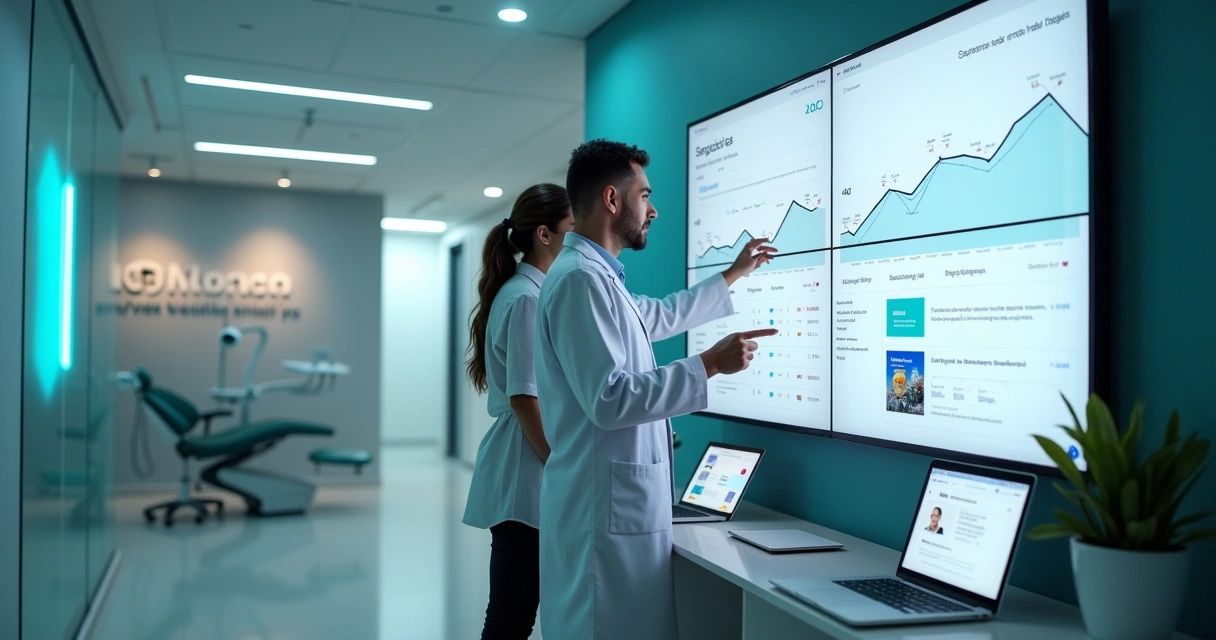 Dentista e gestora analisando painel de SEO em tela grande em clínica odontológica moderna 