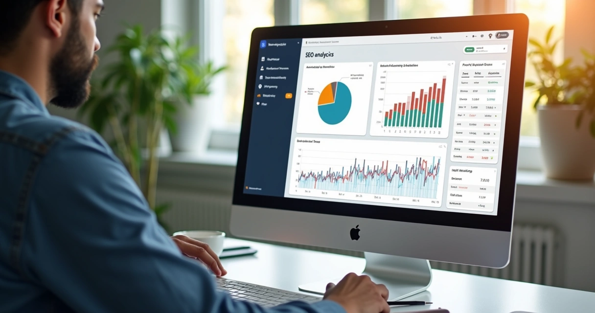 Painel com gráficos de SEO para área de contabilidade em tela de computador sobre mesa clara 