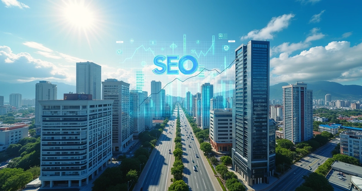 Visão aérea de Itajaí com destaque para gráficos de SEO no céu 