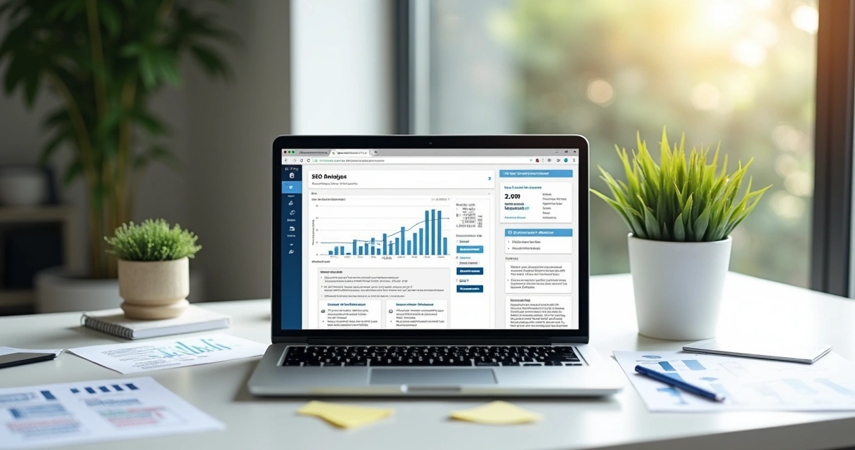 Ferramentas de análise SEO ao lado de conteúdo otimizado no computador 