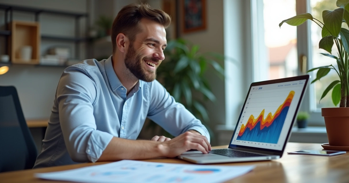 Homem sorrindo de frente ao notebook com gráfico crescente indicando alta conversão 