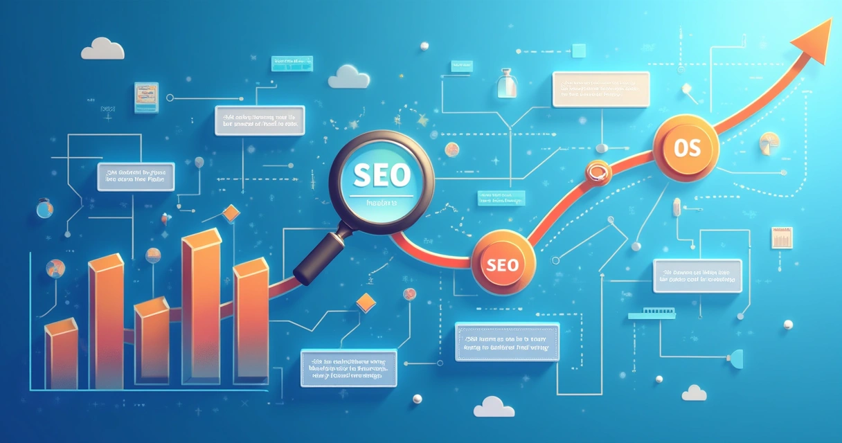 Textos e gráficos de SEO e copywriting interligados digitalmente