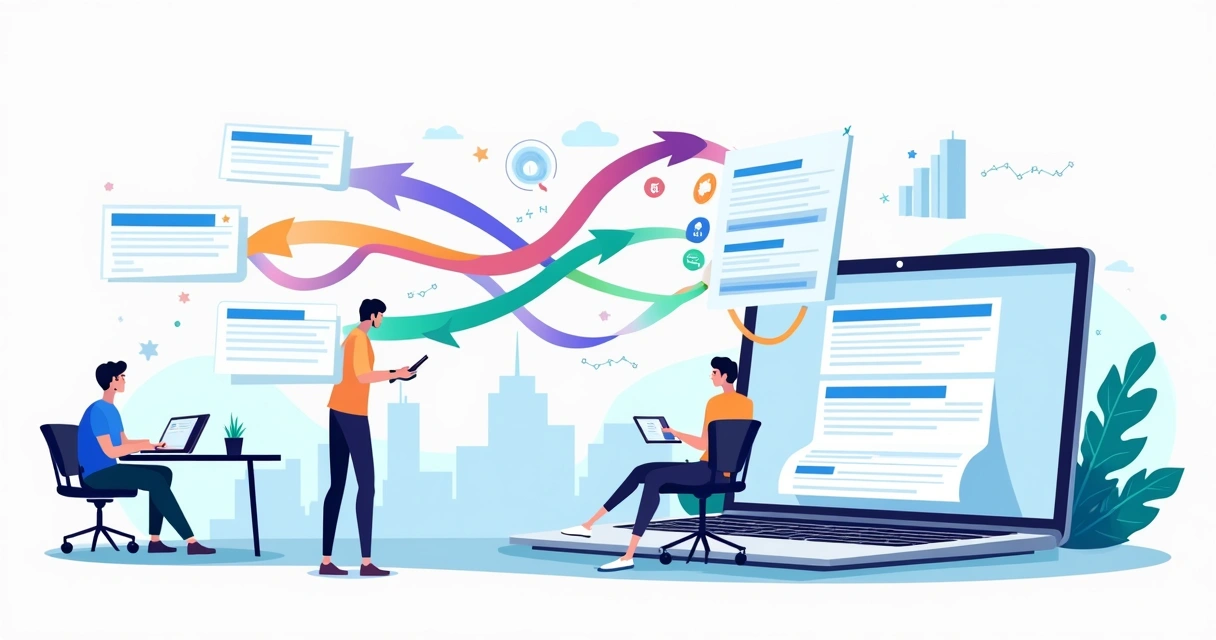 Ilustração de funil de pesquisa conectando buscas a landing page de curso online 