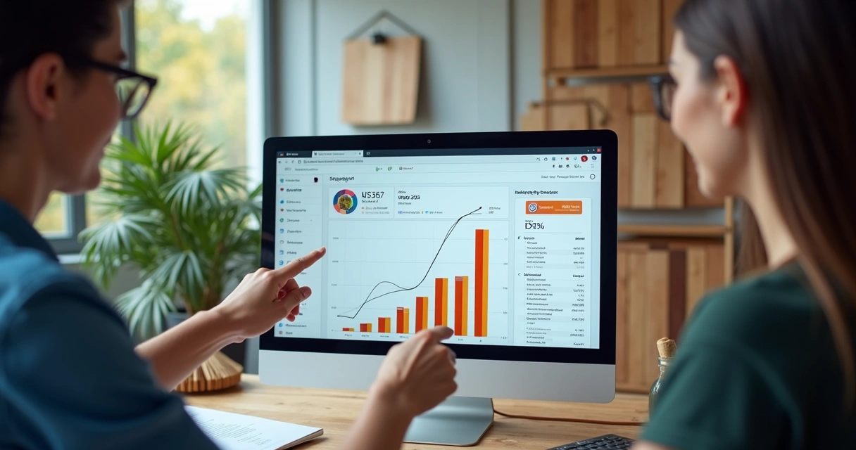Marketing team monitoring website SEO dashboard on a computer 