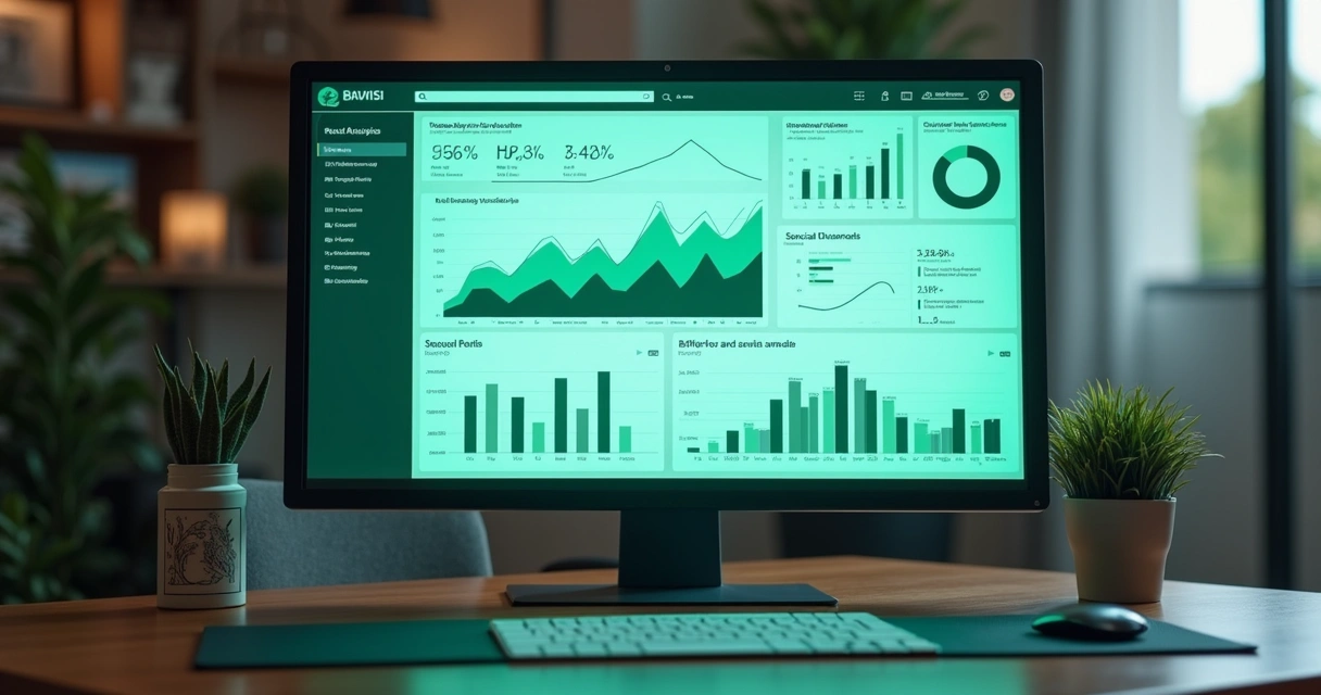 Tela de computador com gráficos de SEO e elementos de design de interface 