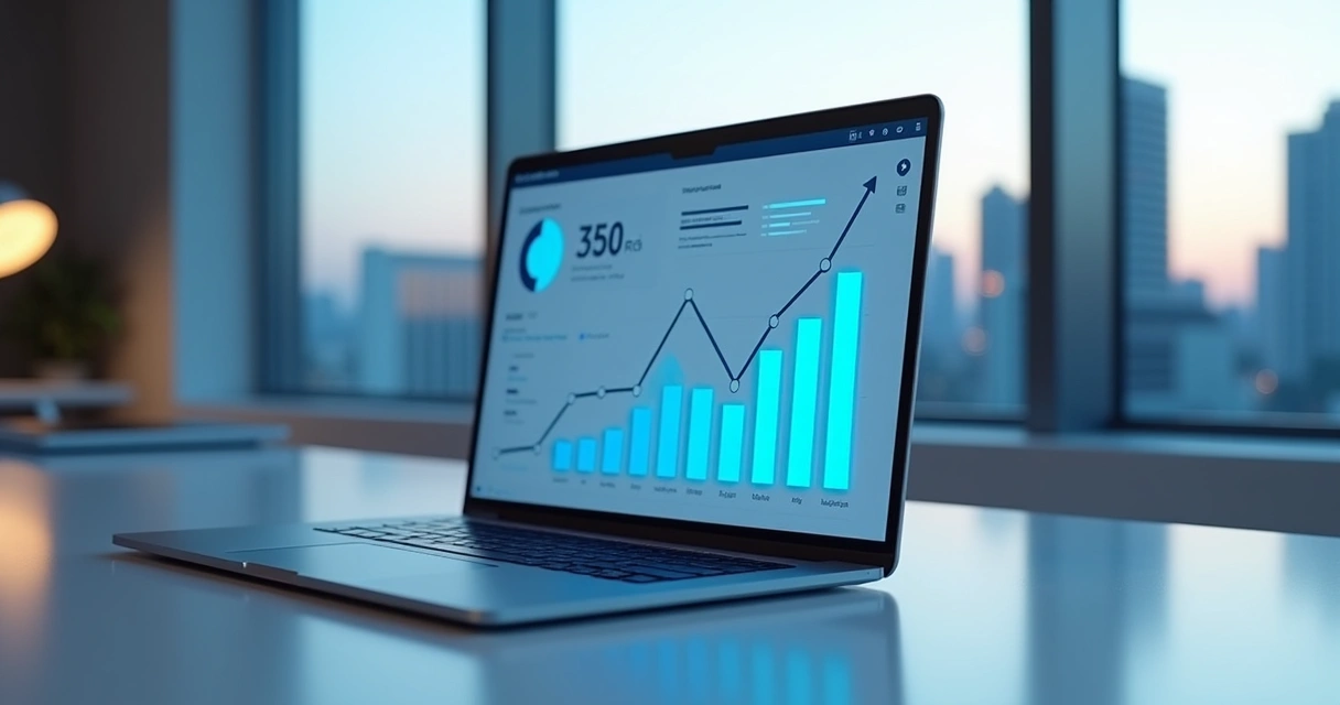 Gráfico digital sobre SEO na tela de notebook moderno com detalhes azuis 