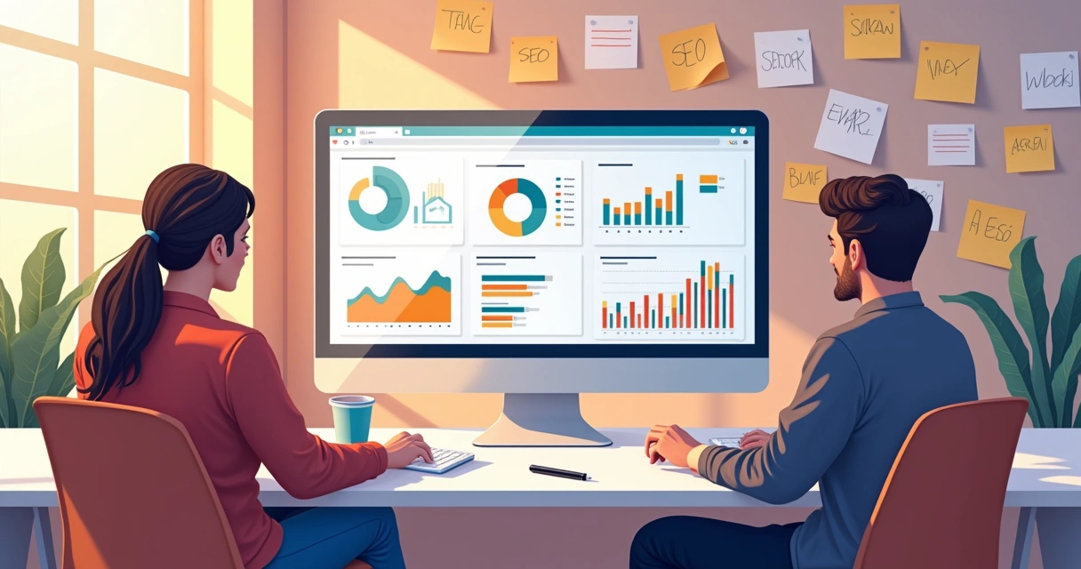 Equipe analisando gráfico de SEO em tela 