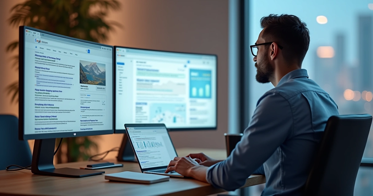 Profissional analisando estratégias de SEO em telas com Google e IA lado a lado 