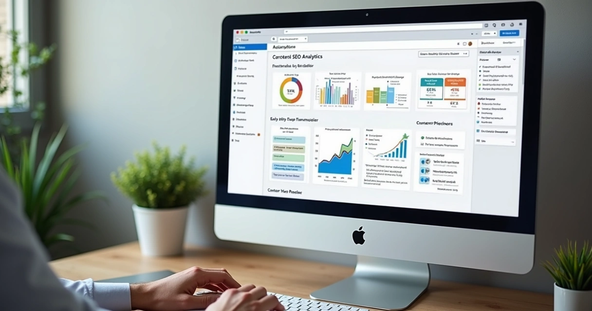Monitor com gráficos de SEO, funil de vendas e artigos sendo escritos 