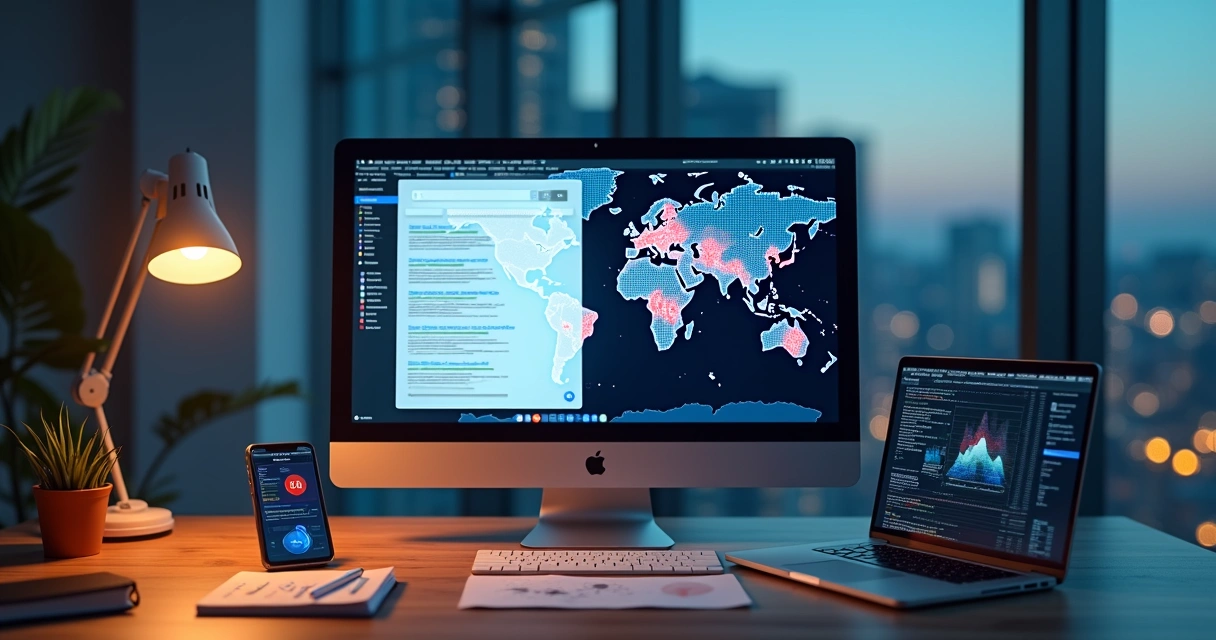 Tela de computador com mapa digital e ícones de SEO e localização 