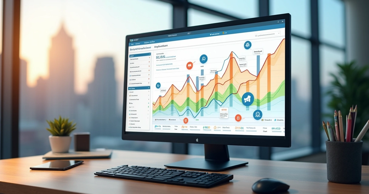 Tela de computador com gráfico de crescimento de tráfego e ícones de SEO 
