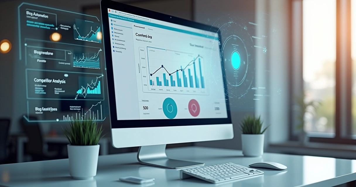 Computador com gráficos de SEO e painel de IA automatizando blog 