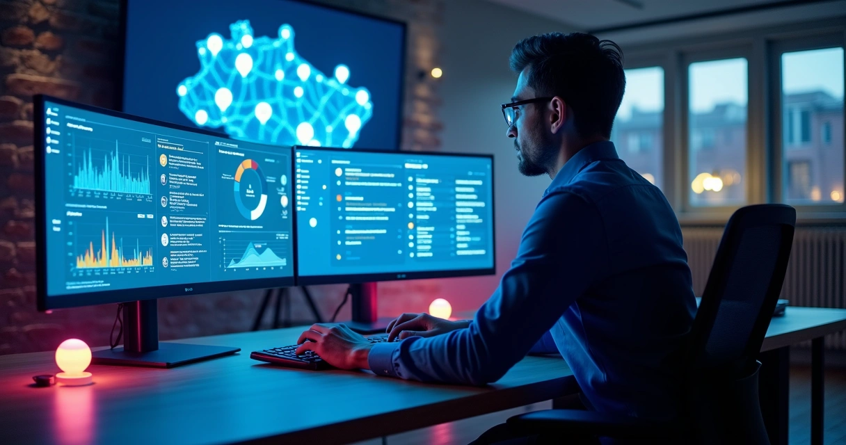 Gestor de marketing analisando painel de SEO e IA em mapa de franquias 