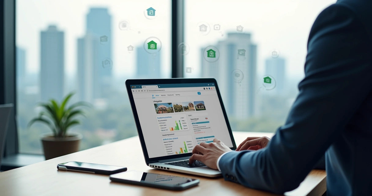 Corretor imobiliário usando notebook com gráficos de SEO e anúncios de imóveis 