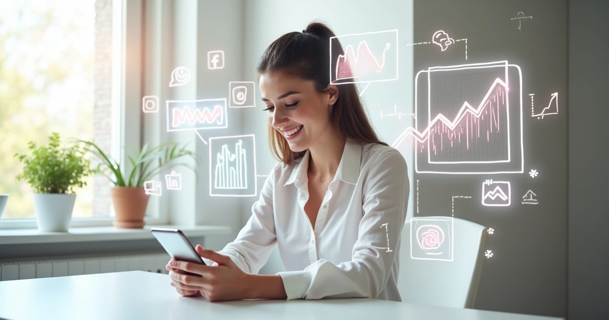 Pessoa digitando legenda em smartphone com gráficos de crescimento no fundo 