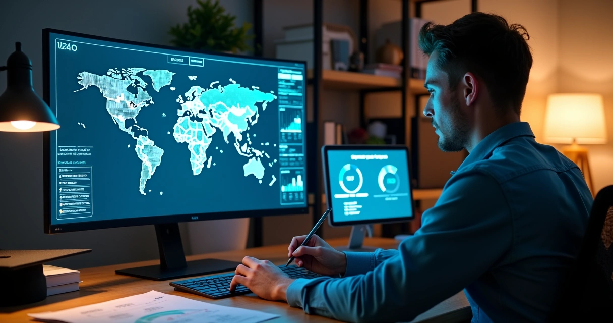 Profesional analisando mapa de SEO educacional em múltiplas plataformas digitais 