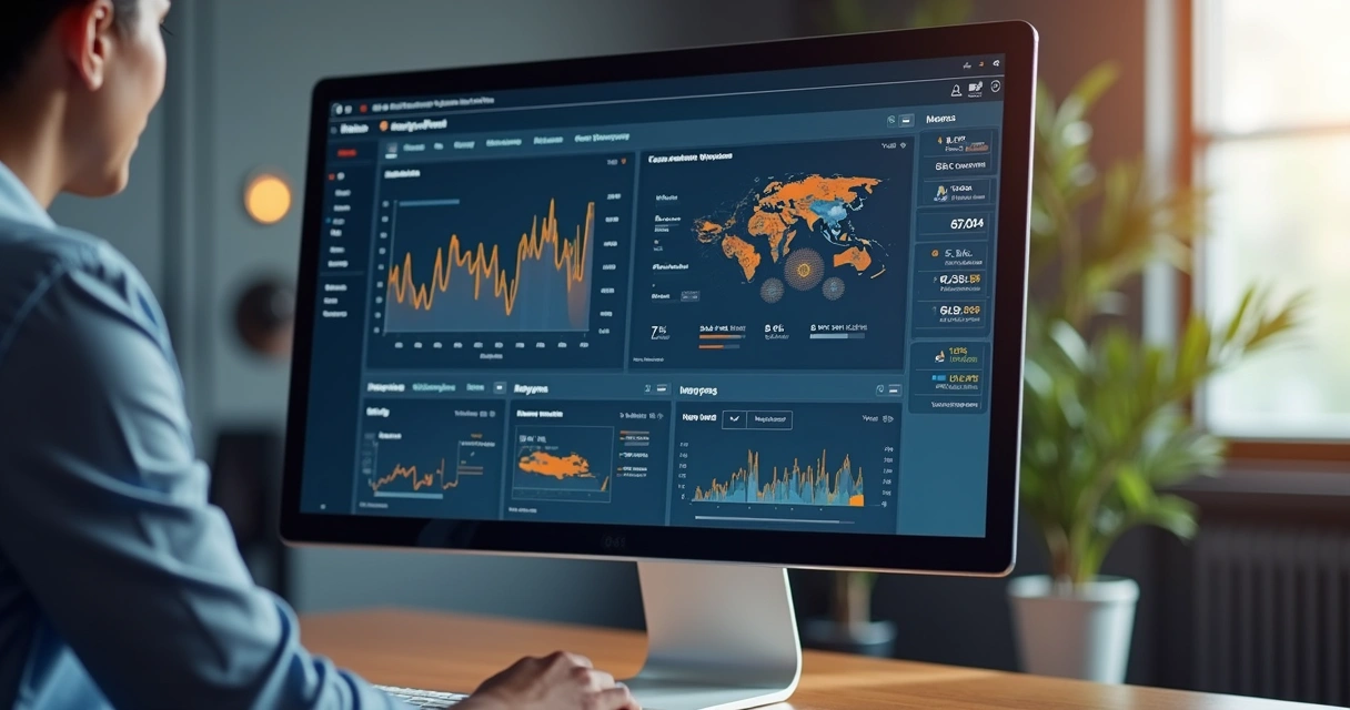 Tela de computador exibindo resultados de busca otimizados por inteligência artificial com gráficos de SEO ao fundo 