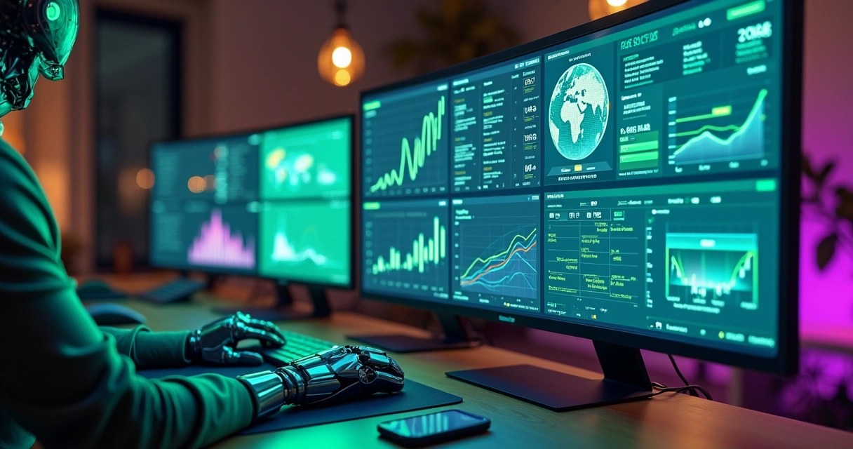 Gráfico de dados de SEO com interface de IA em tela de computador